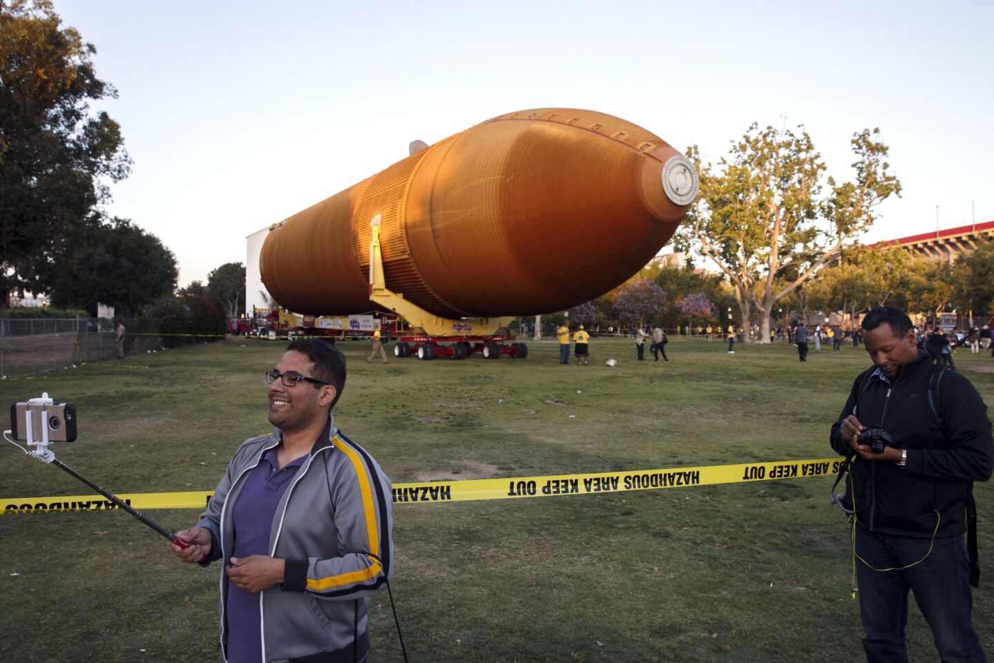The ET-94 fuel tank rests outside the California Science Center on Saturday.