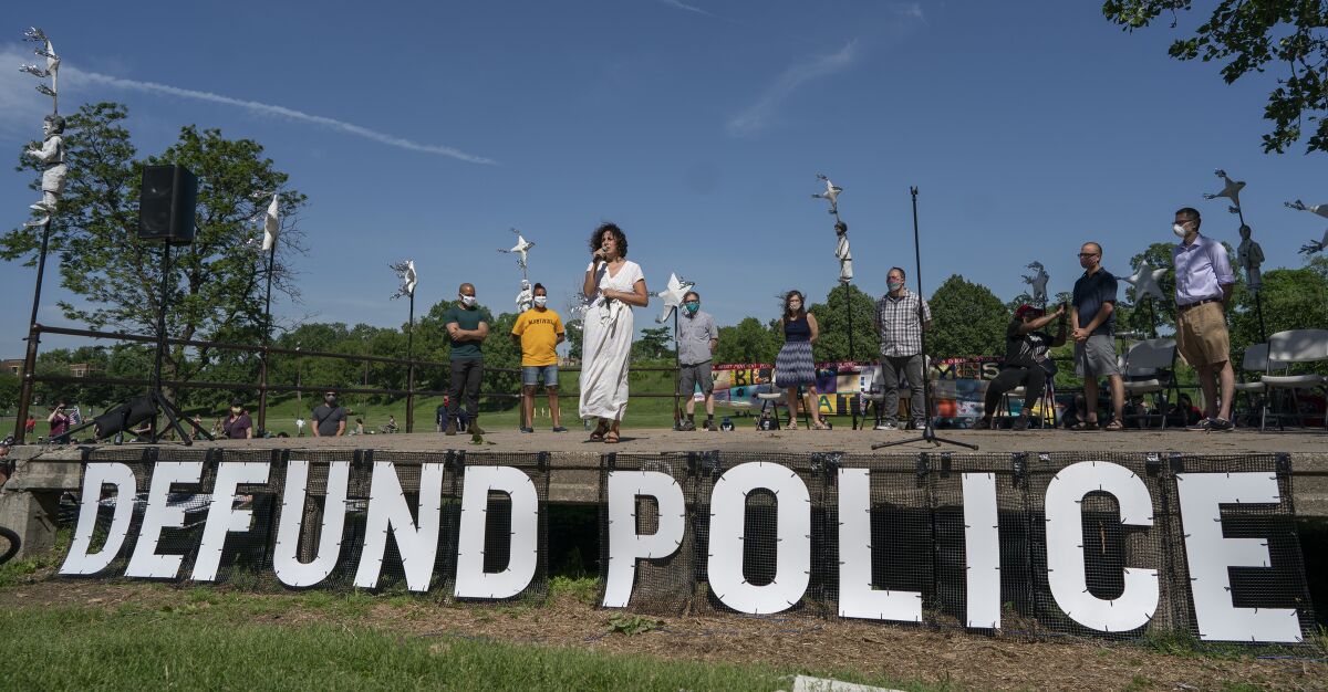 FILE - In this June 7, 2020, file photo, Alondra Cano, a city council member, speaks during "The Path Forward" meeting at Powderhorn Park in Minneapolis. The focus of the meeting was the defunding of the Minneapolis Police Department. (Jerry Holt/Star Tribune via AP, File)