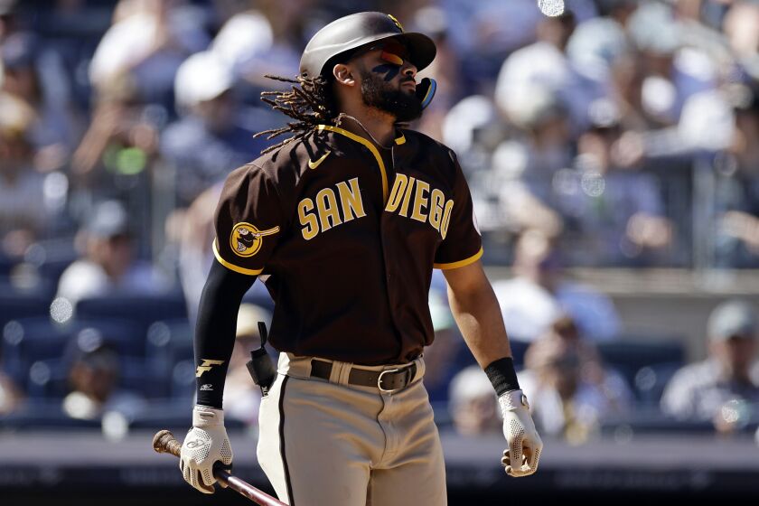 San Diego Padres' Fernando Tatis Jr. reacts against the New York Yankees during the seventh inning of a baseball game Sunday, May 28, 2023, in New York. (AP Photo/Adam Hunger)