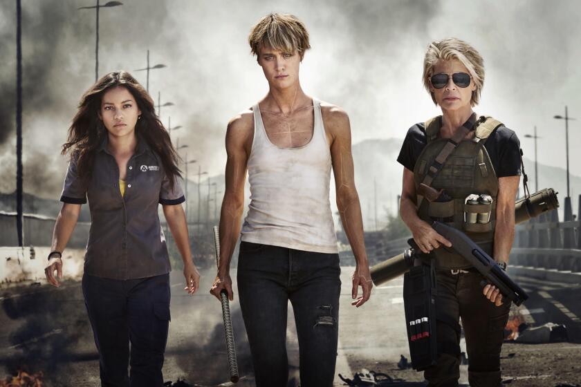 Natalia Reyes, left, Linda Hamilton and Mackenzie Davis star in “Terminator: Dark Fate.”