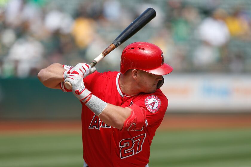 OAKLAND, CALIFORNIA - SEPTEMBER 05: Mike Trout #27 of the Los Angeles Angels at bat against the Oakland Athletics at Ring Central Coliseum on September 05, 2019 in Oakland, California. (Photo by Lachlan Cunningham/Getty Images)
