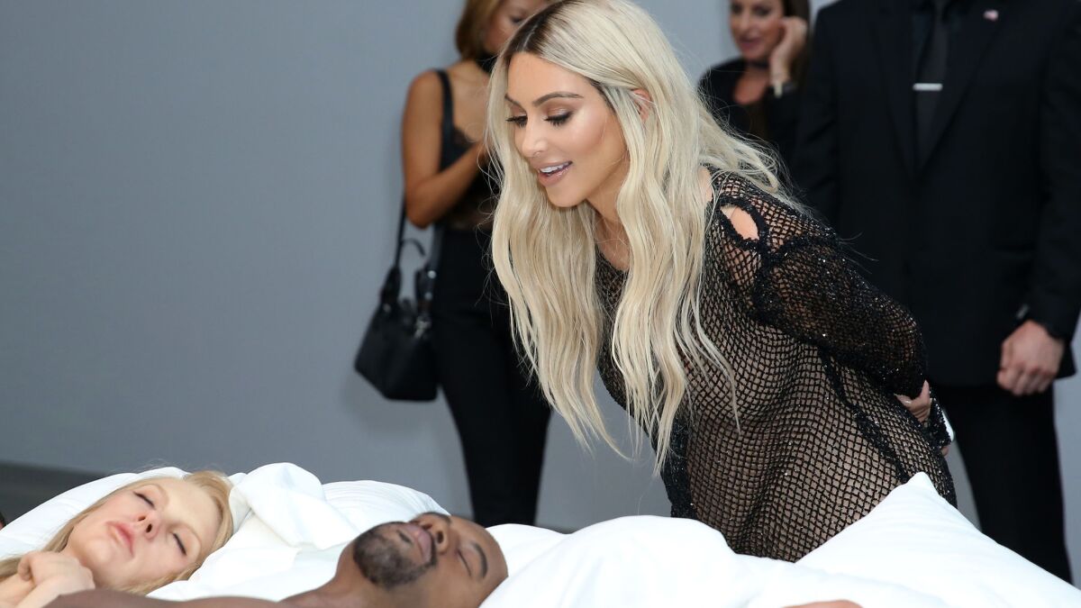 Kim Kardashian attends the private exhibition of the sculpture from "Famous," by Kanye West, at Blum & Poe in Culver City.