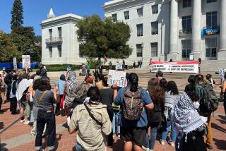 Berkeley, California-Aug. 29, 2024-A small crowd gathered for a Pro-Palestinian protest at UC Berkeley today, Aug. 29, 2024. (Hannah Wiley/Los Angeles Times)