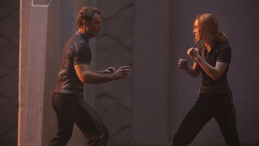 Leader of Starforce (Jude Law) and Captain Marvel (Brie Larson) in a scene from the movie "Captain Marvel."