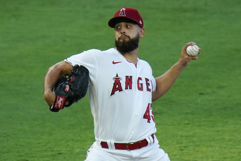 Los Angeles Angels starting pitcher Patrick Sandoval throws against the Los Angeles Dodgers.