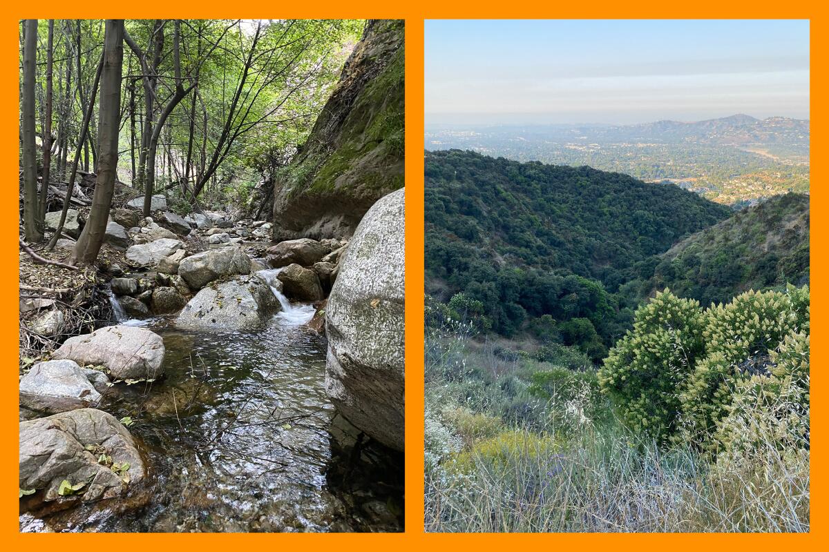 Two photos: A rocky creek with trees in the distance, left; Green hills lead down to a small valley, right.