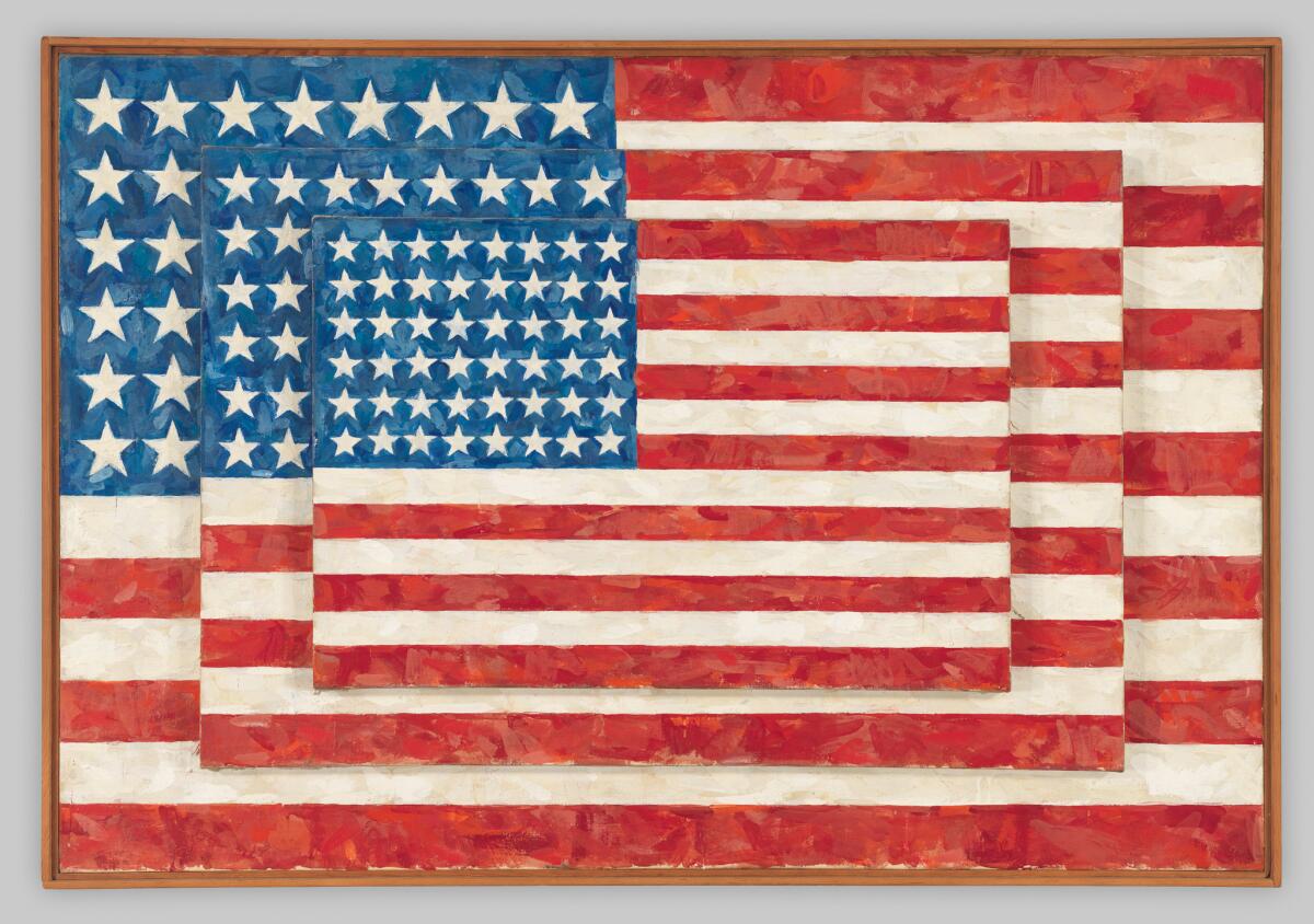 "Three Flags," 1958, b Jasper Johns — on view as part of the artist's solo show at the Broad museum.