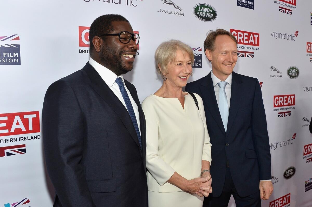 Steve McQueen, left, Helen Mirren and British Consul General Chris O'Connor attend the 2014 Great British Film Reception at O'Connor's residence in Hancock Park.