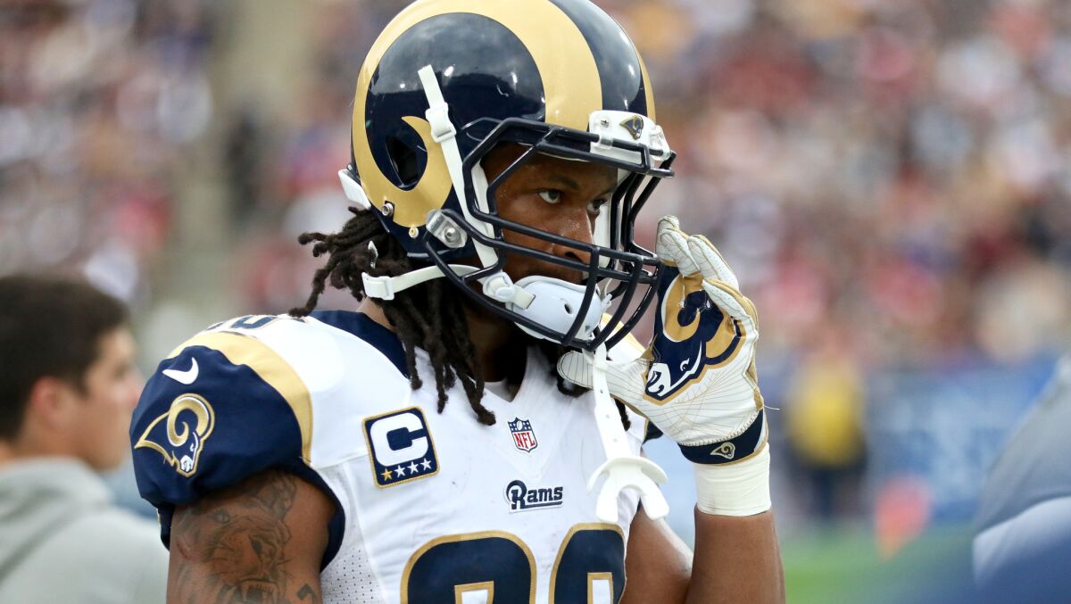 Rams running back Todd Gurley storms up and down the sideline during the first half against the Atlanta Falcons.
