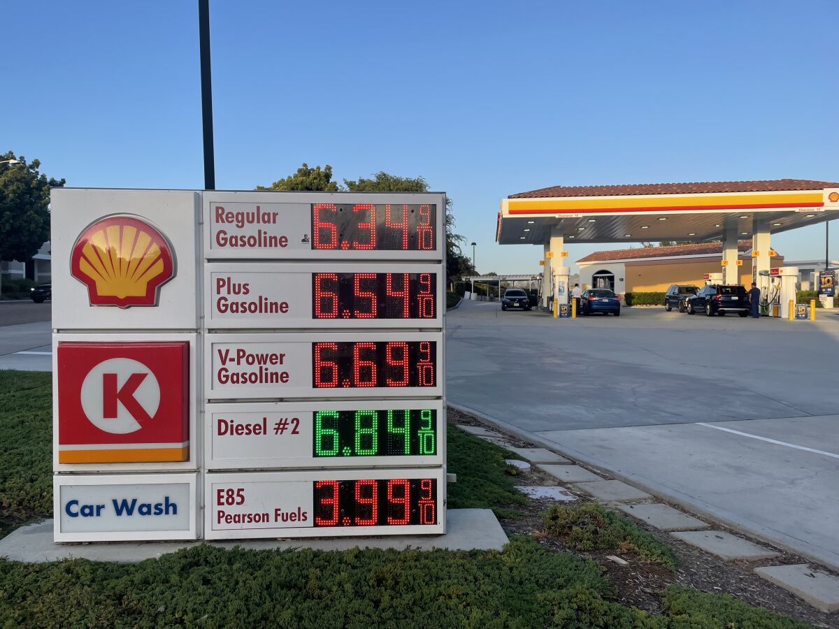 A regular gallon of gasoline cost $6.34 at the Shell station near Bressi Ranch in Carlsbad on June 7.