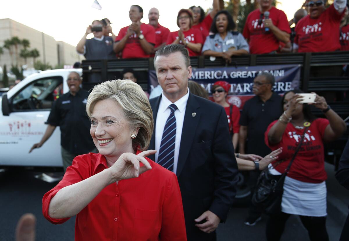 Hillary Rodham Clinton at a union rally in Las Vegas on Monday.