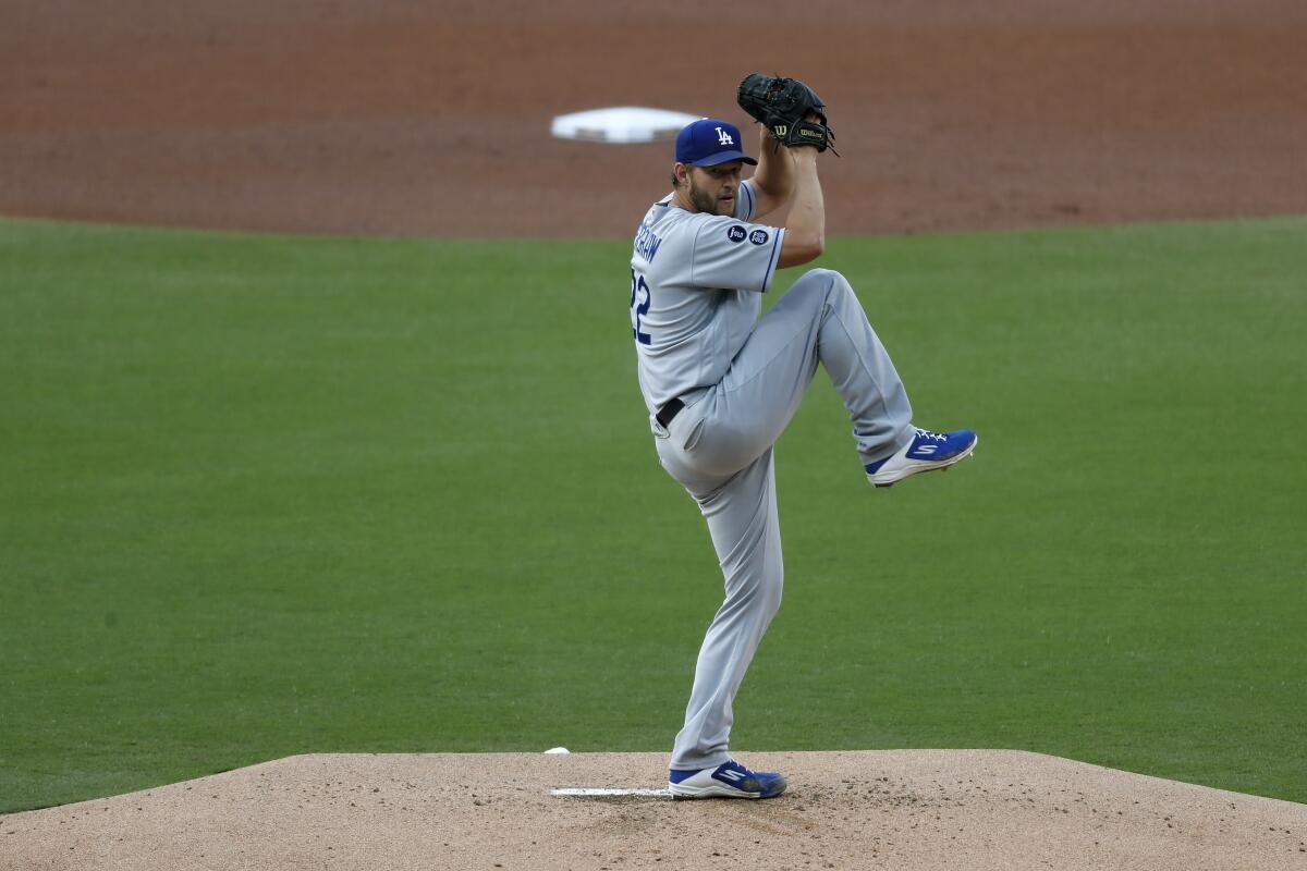 Dodgers pitcher Clayton Kershaw throws against the San Diego Padres at Petco Park on Saturday.