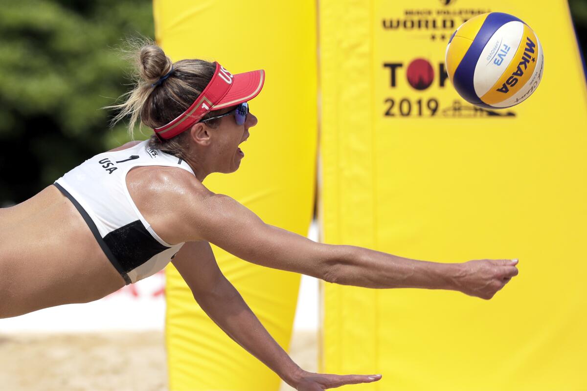 April Ross competes in the FIVB Beach Volleyball World Tour Tokyo on July 27.