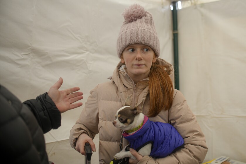 Margot, 15 years-old, refugee fleeing the conflict from neighbouring Ukraine holds her dog inside a tent at the Romanian-Ukrainian border, in Siret, Romania, Saturday, March 5, 2022. (AP Photo/Andreea Alexandru)
