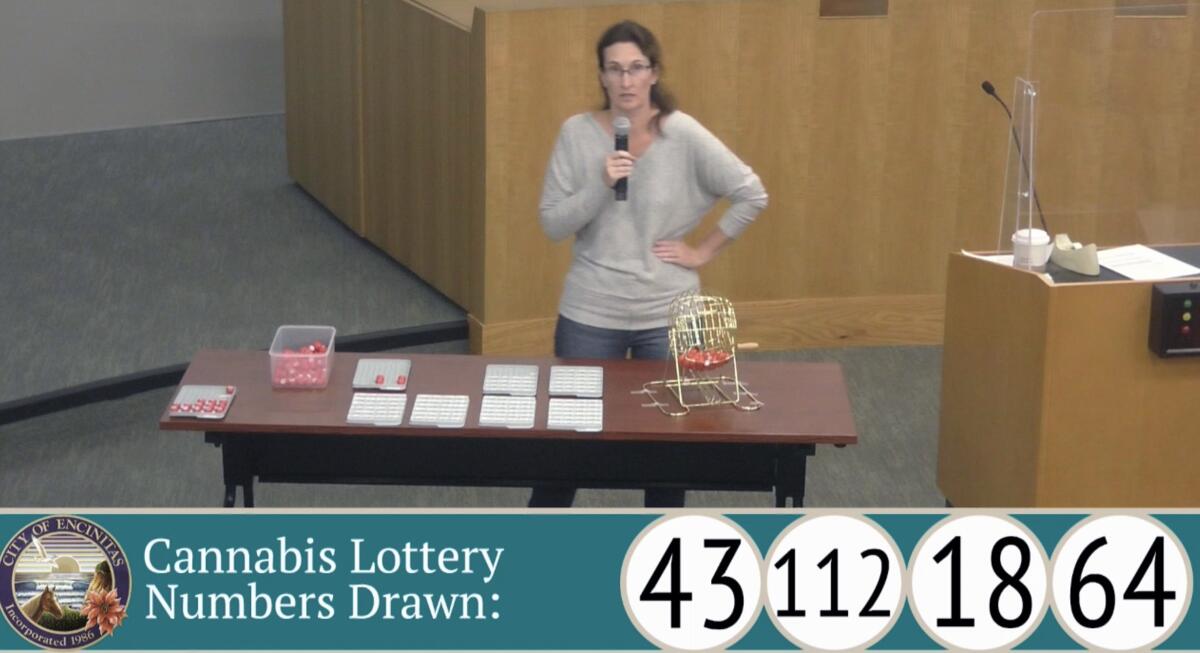 Jennifer Gates, Encinitas concludes Friday morning’s live streamed lottery for four cannabis business retail sales licenses. 