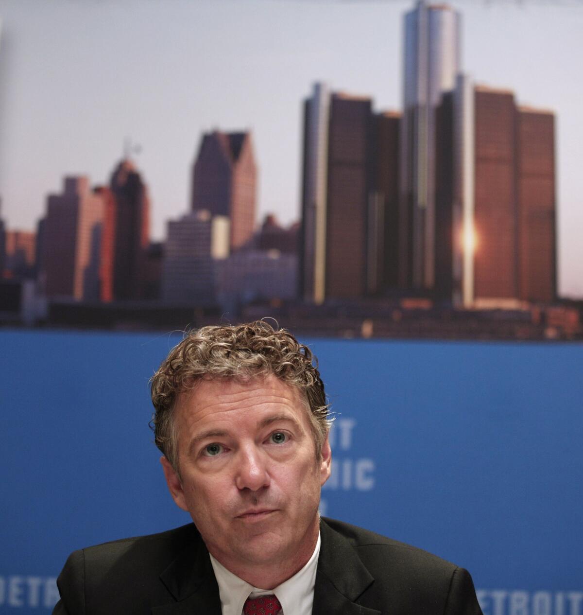 Sen. Rand Paul (R-Ky.) speaks with the news media after delivering a speech titled "Renewing the Opportunity for Prosperity: Economic Freedom Zones" at the Detroit Economic Club.