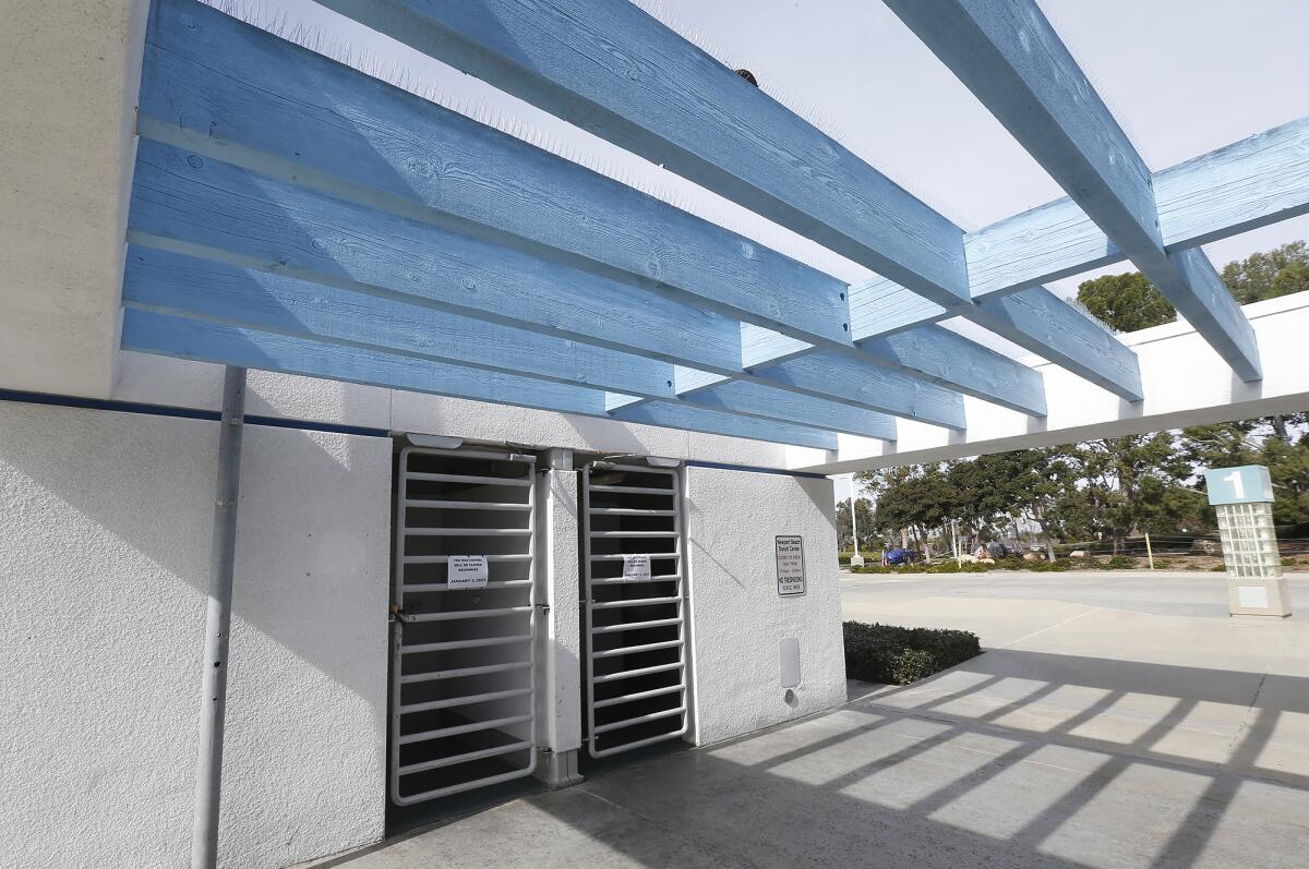 The locked bathrooms at the Newport Transportation Center on Avocado Avenue.