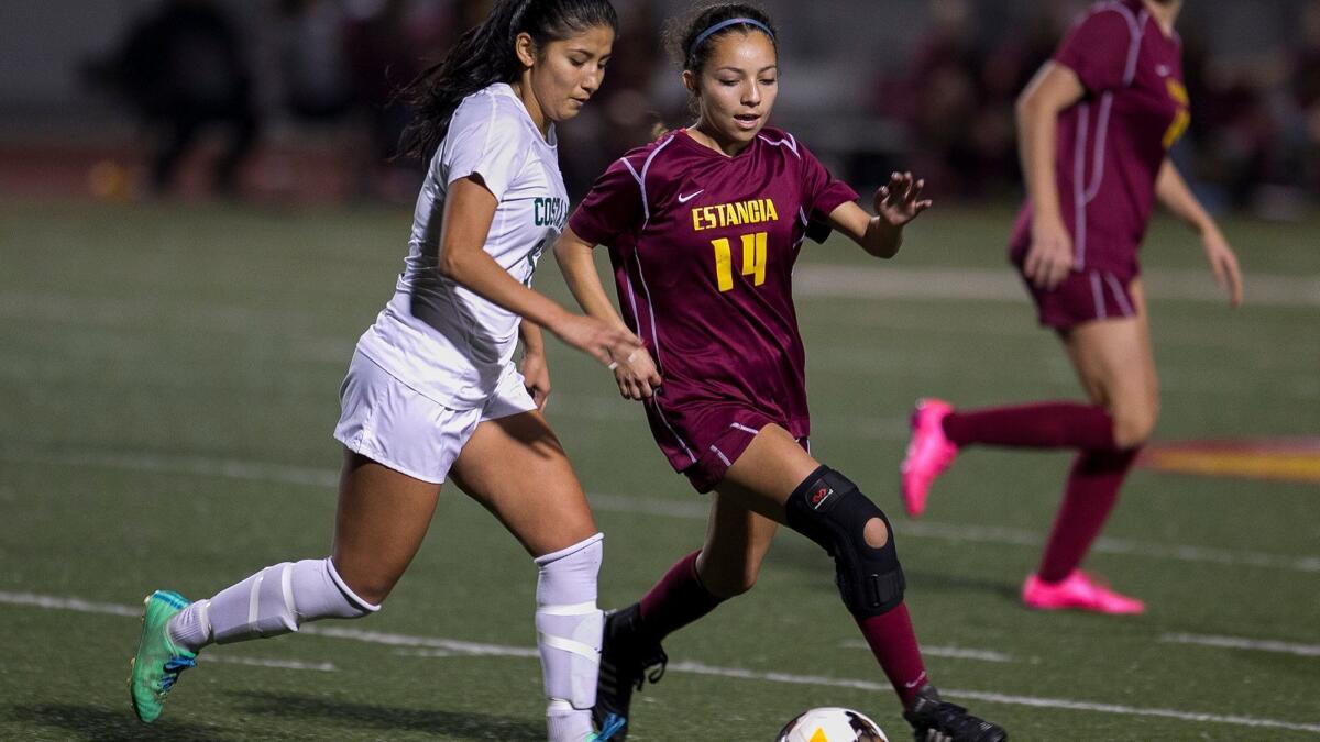 Estancia's Tabytha Smith, shown here on the right on Jan. 14, 2016, scored a goal in the Eagles' 2-0 win at rival Costa Mesa on Wednesday.