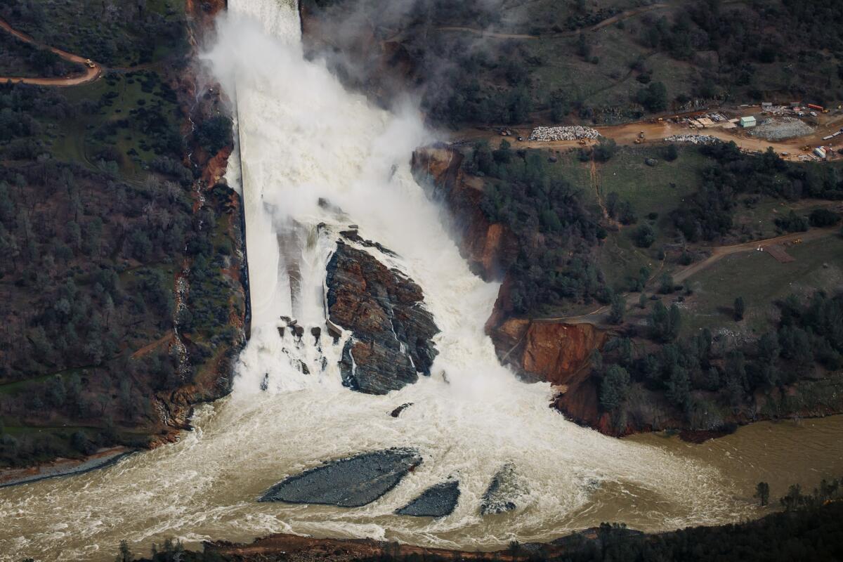 An aerial view of the water flowing out of the Oroville Dam's main spillway on Feb. 21.