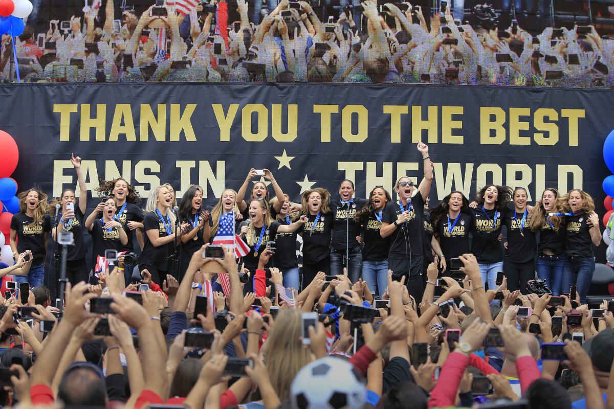 The U.S. soccer team celebrates its victory in the Women's World Cup at L.A. Live's Microsoft Square.