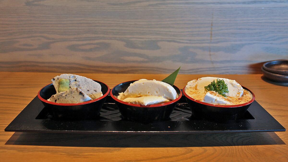 A tofu sampler platter is seen at Izakaya Gazen in Little Tokyo.