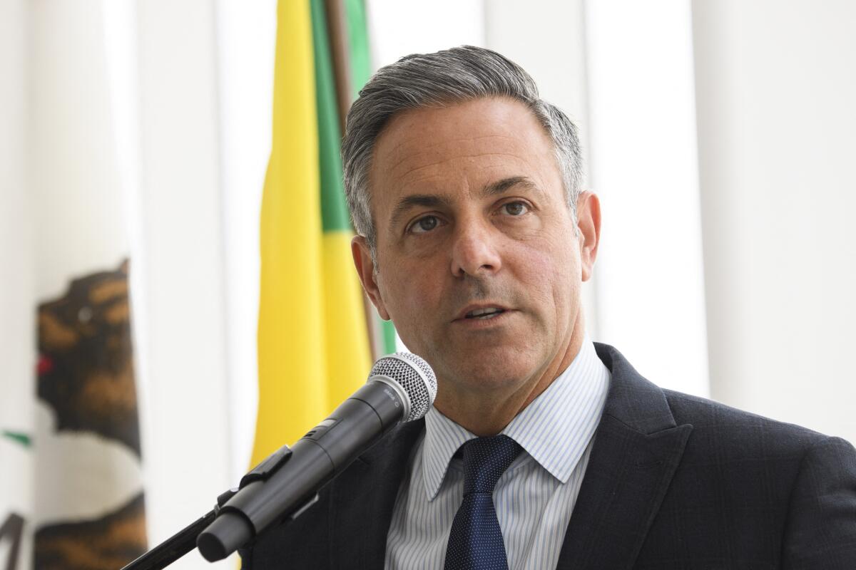 Los Angeles City Council member and mayoral candidate Joe Buscaino speaks during the opening of the Terminal 1 