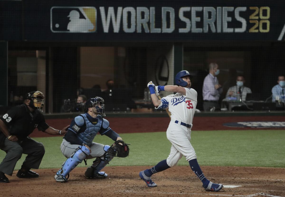 Dodgers center fielder Cody Bellinger hits a two-run home run in the fourth inning.