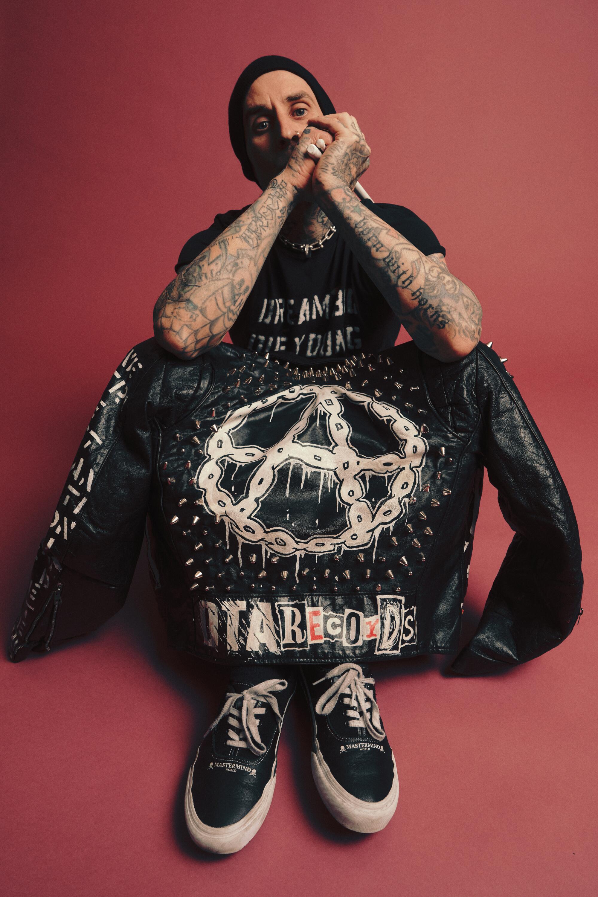 Travis Barker poses for a portrait at The O2 in London, UK on October 12, 2023.