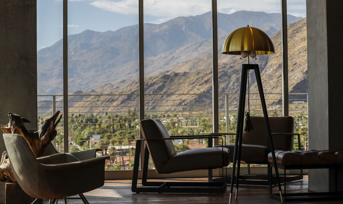 A view of the mountains looking out of the Kimpton the Rowan in Palm Springs.
