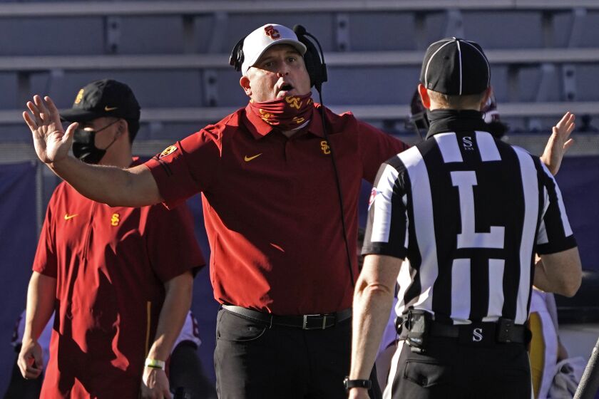 FILE - In this Nov. 14, 2020, file photo Southern California head coach Clay Helton.