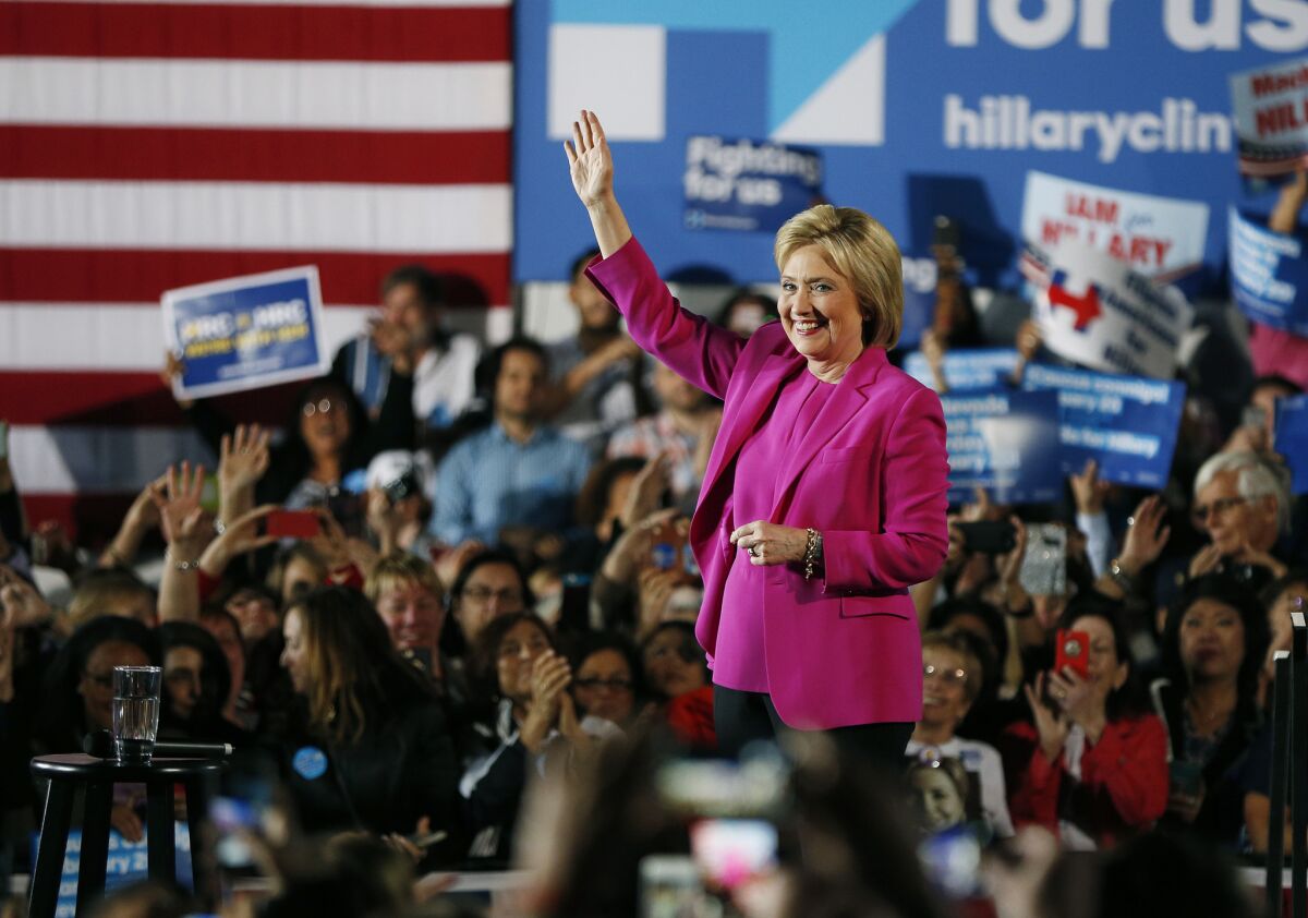 Hillary Clinton campaigns Thursday in Las Vegas. She has seen her sizable lead in Nevada polls all but vanish.