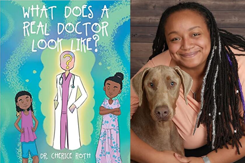 Dr. Cherice Roth with the book cover for "What Does a Real Doctor Look Like?"