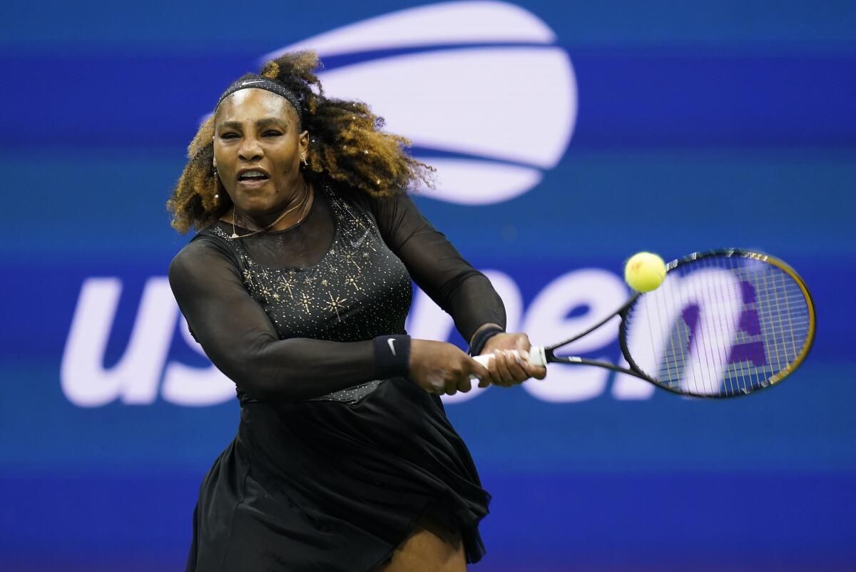 Serena Williams returns a shot from Anett Kontaveit during the second round of the U.S. Open 
