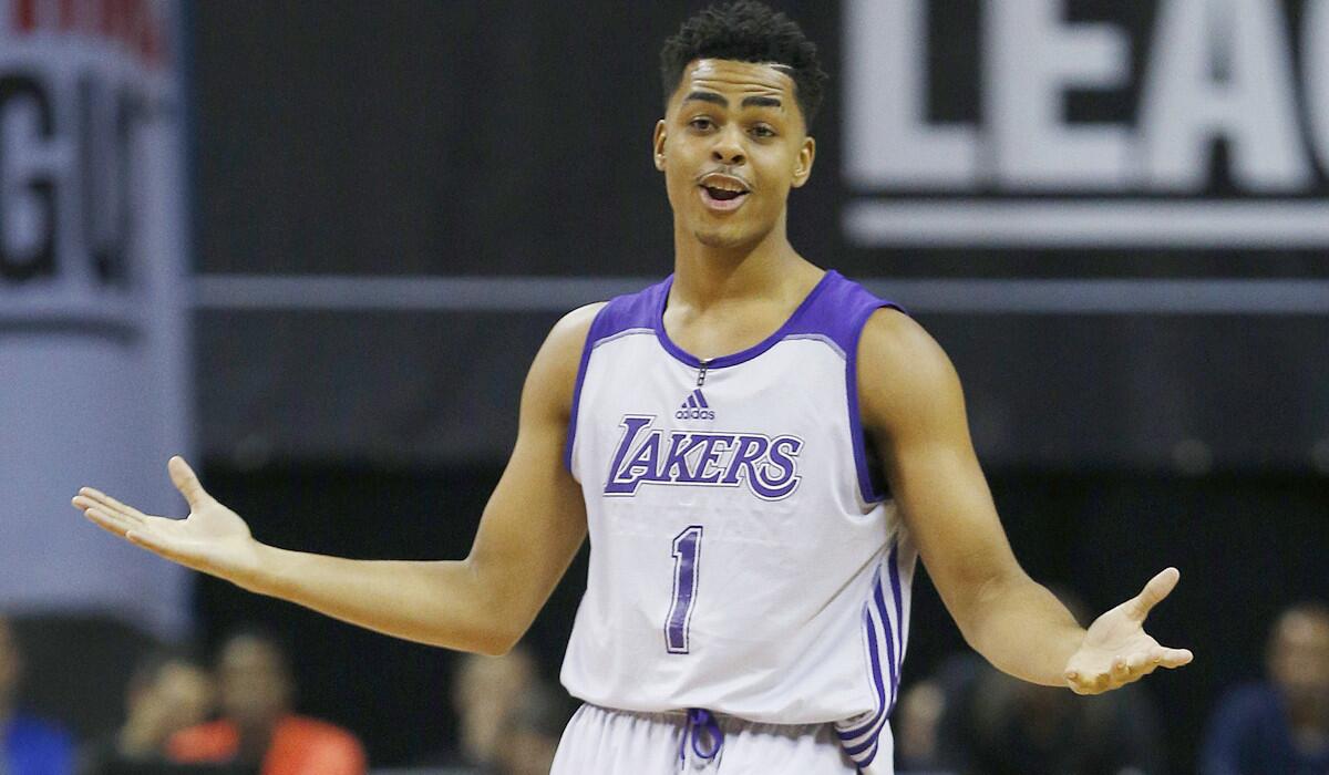 Lakers' top draft pick D'Angelo Russell, shown Friday night, had 14 points and eight rebounds Saturday in a summer league game against Philadelphia.