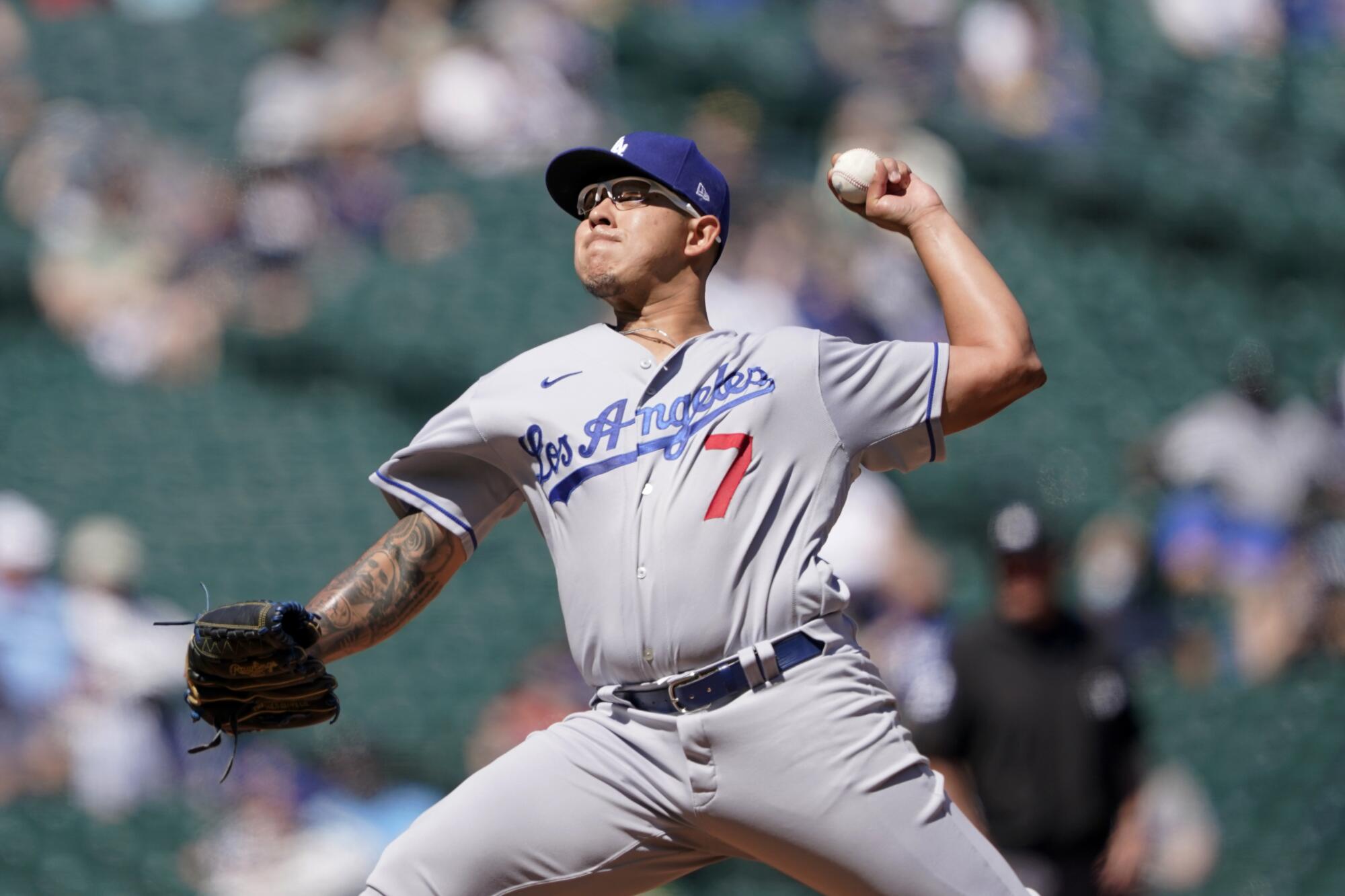Dodgers starting pitcher Julio Urías delivers against the Seattle Mariners in the second inning.