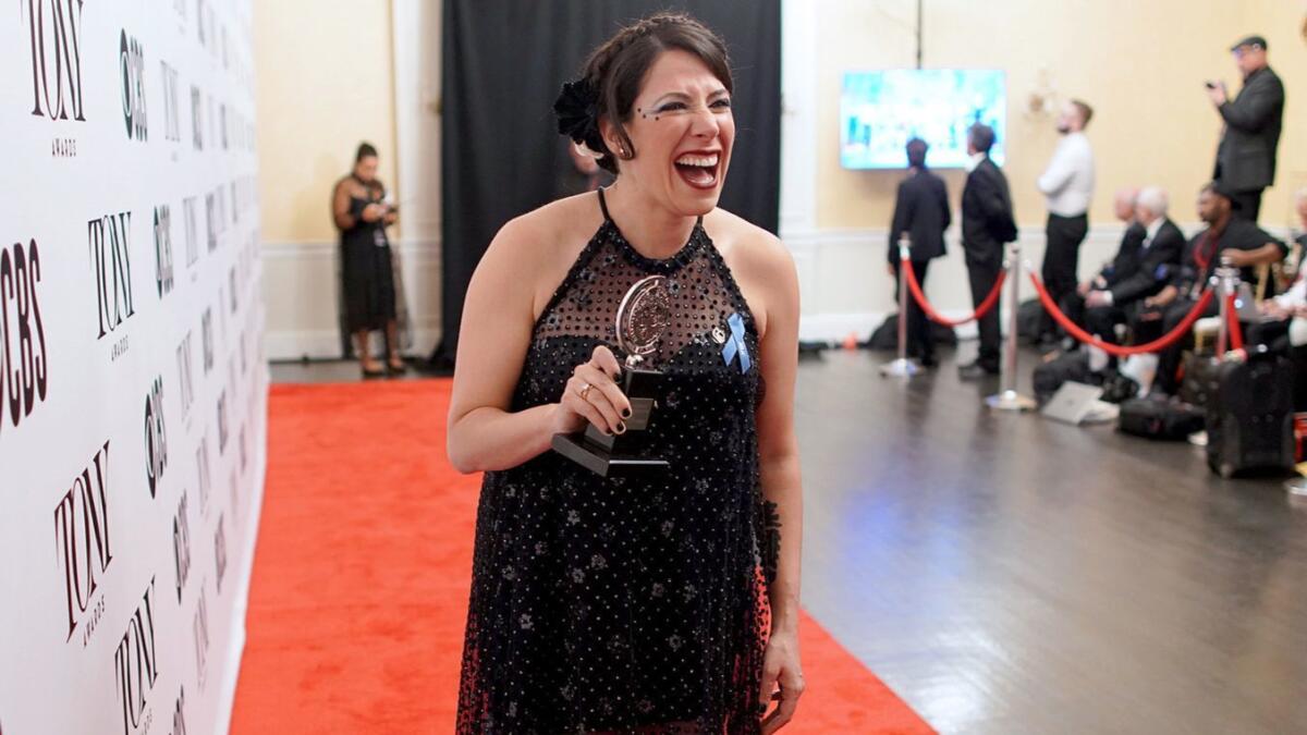 Rachel Chavkin with her Tony for directing "Hadestown" in the press room of the 2019 awards.