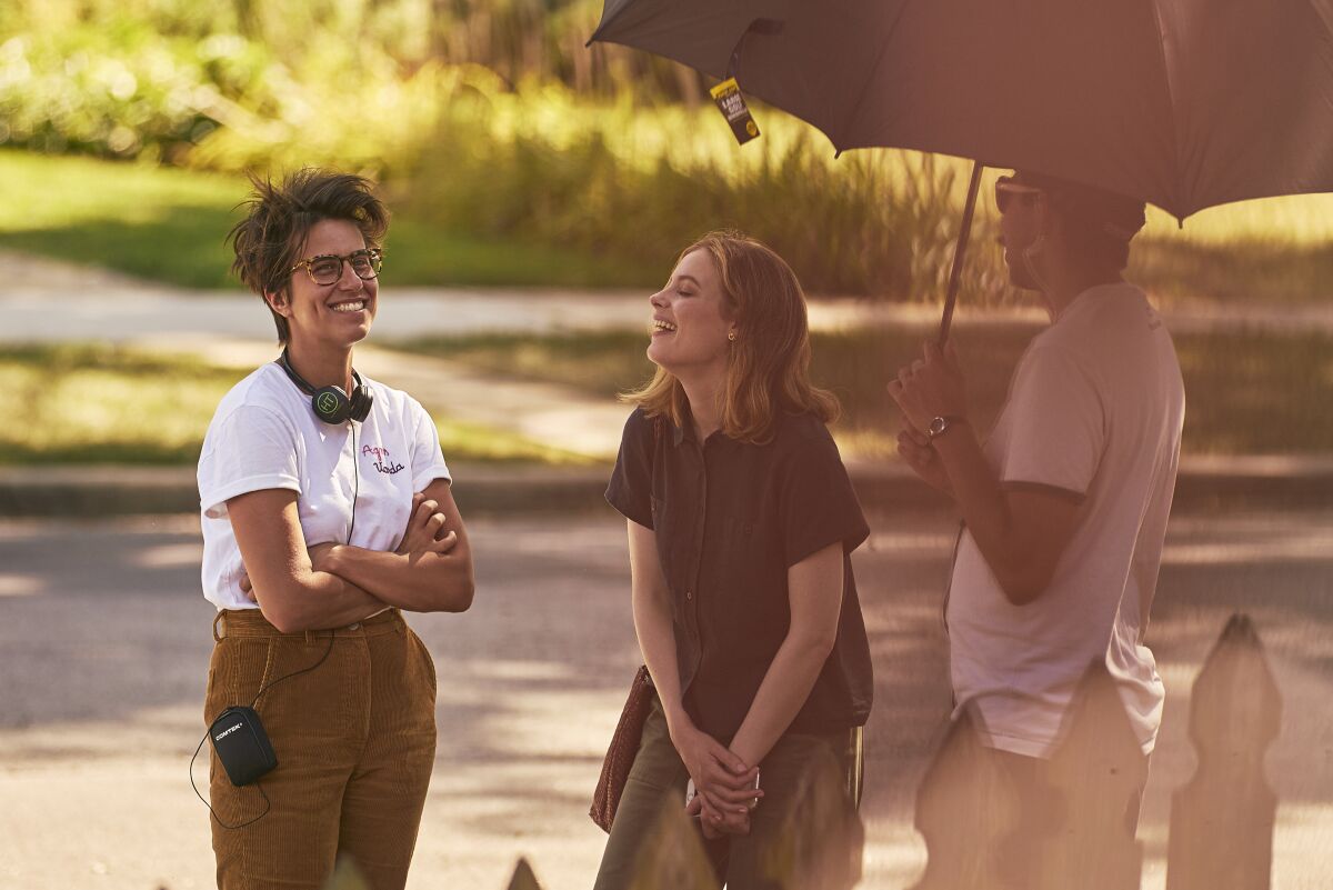 Writer-director Kris Rey on the set of her film "I Used to Go Here" with actress Gillian Jacobs. 