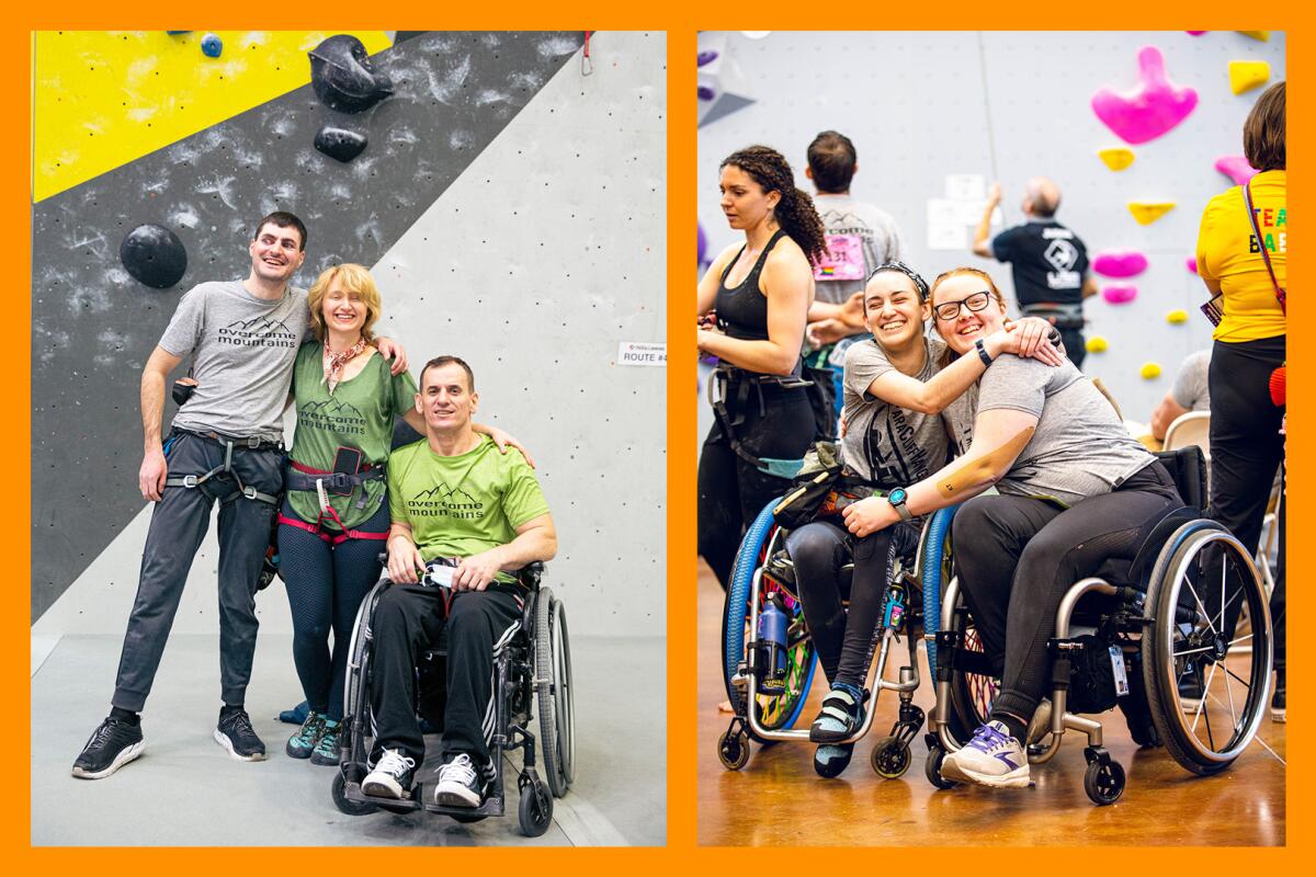 People standing and in wheelchairs at the ParaCliffHangers climbing gym.