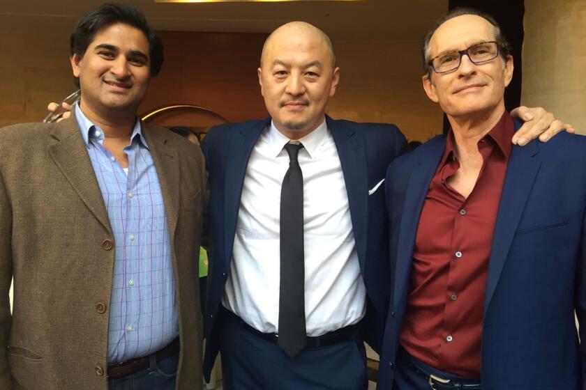 From left, Sriram Das of Das Films, Peter Shiao of Orb Media and David Twohy, who is set to direct “Ice Moon Rising,” appear at the Beijing International Film Festival on April 18.