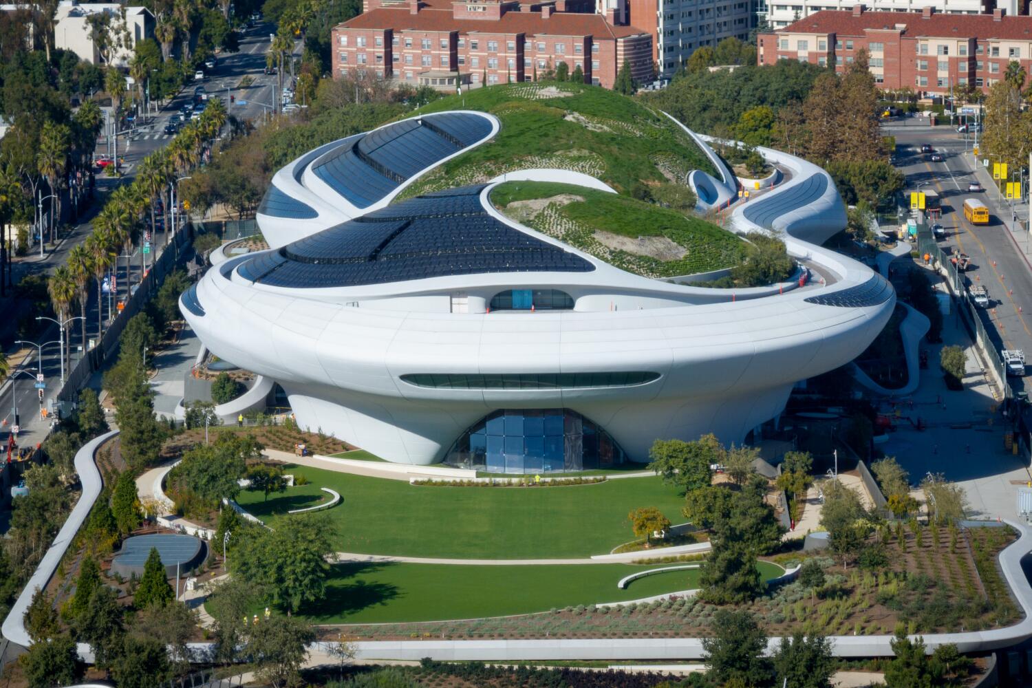 Los Angeles, CA - November 10: A drone view of the Lucas Museum of Narrative Art at Expostion Park on Monday, Nov. 10, 2025 in Los Angeles, CA. (Eric Thayer / Los Angeles Times)