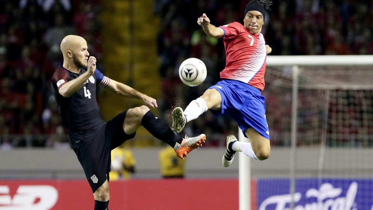 Cristian Bolanos, right, and No. 17 Costa Rica are flying a little higher in the world ranking than Michael Bradley and No. 28 U.S.