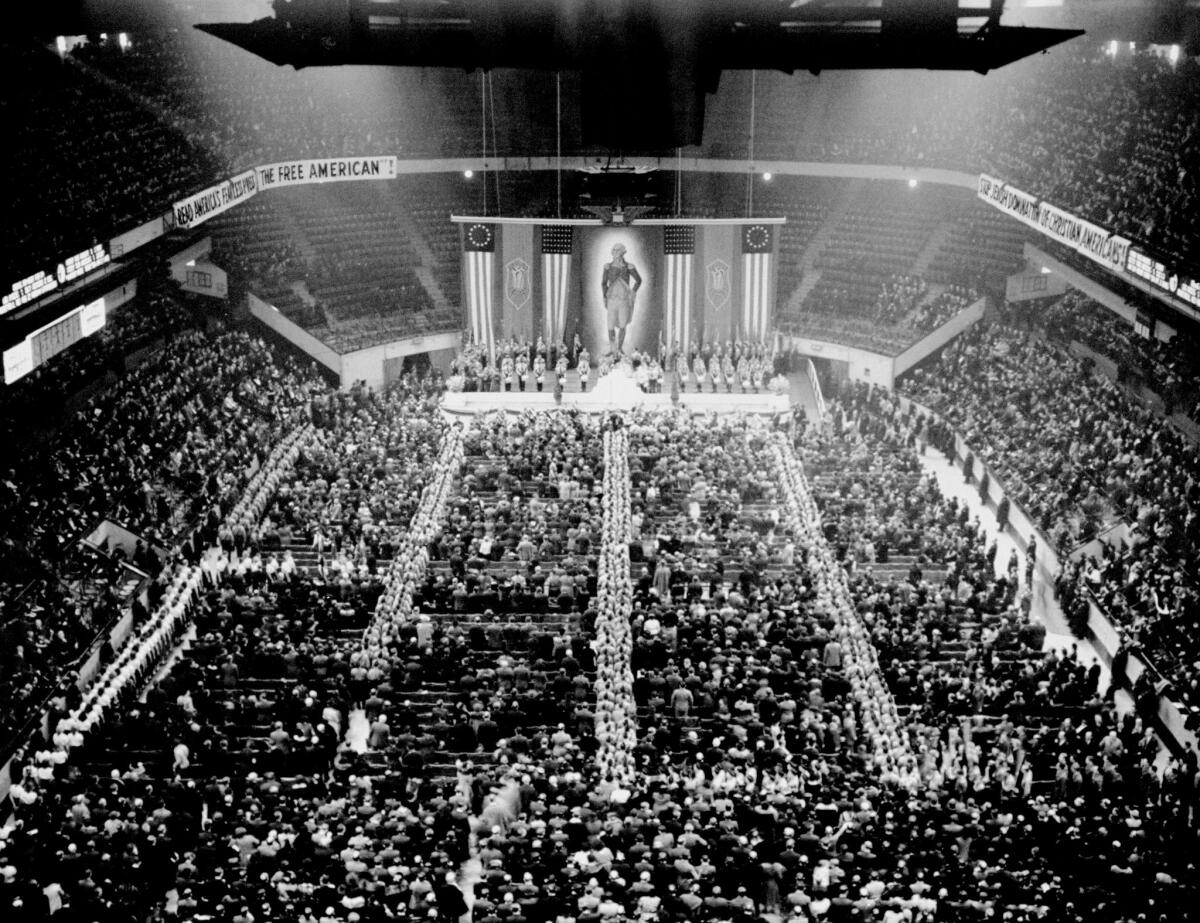 An image from the German-American Bund's "Americanization Rally" in 1939 shows a packed Madison Square Garden