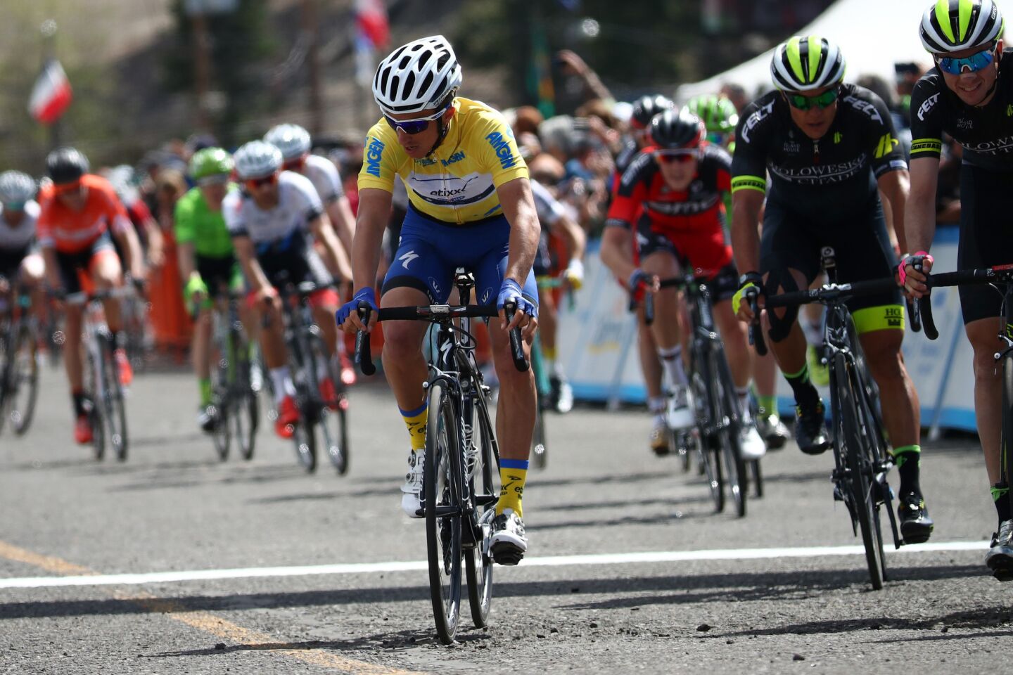 France's Julian Alaphilippe, the overall race leader, crosses the finish line during the fifth stage of the Amgen Tour of California on May 19.