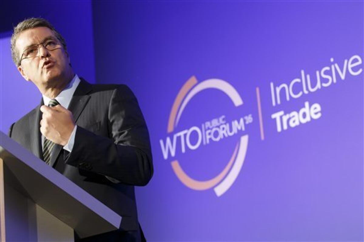 El brasileño Roberto Azevedo, director general de la OMC, pronuncia un discurso durante un foro en las oficinas generales de la organización en Ginebra, Suiza, el martes 27 de septiembre de 2016.
