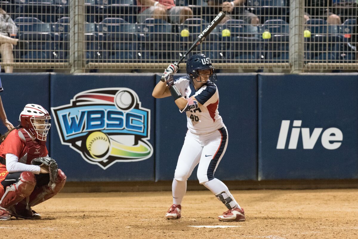 Bubba Nickles waits for a pitch during a game at the 2018 USA Softball International Cup.