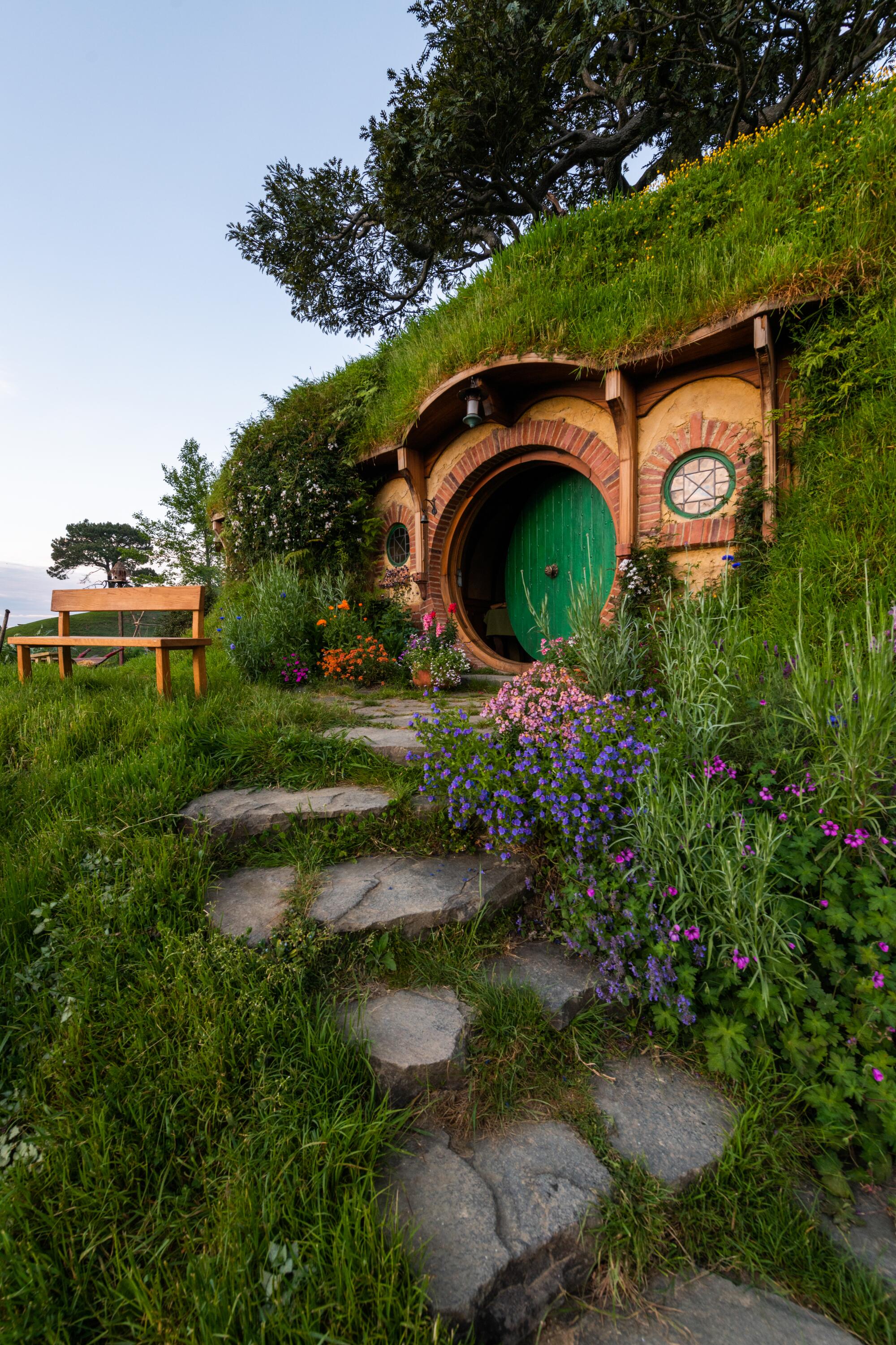 A flagstone path to a hobbit's home.