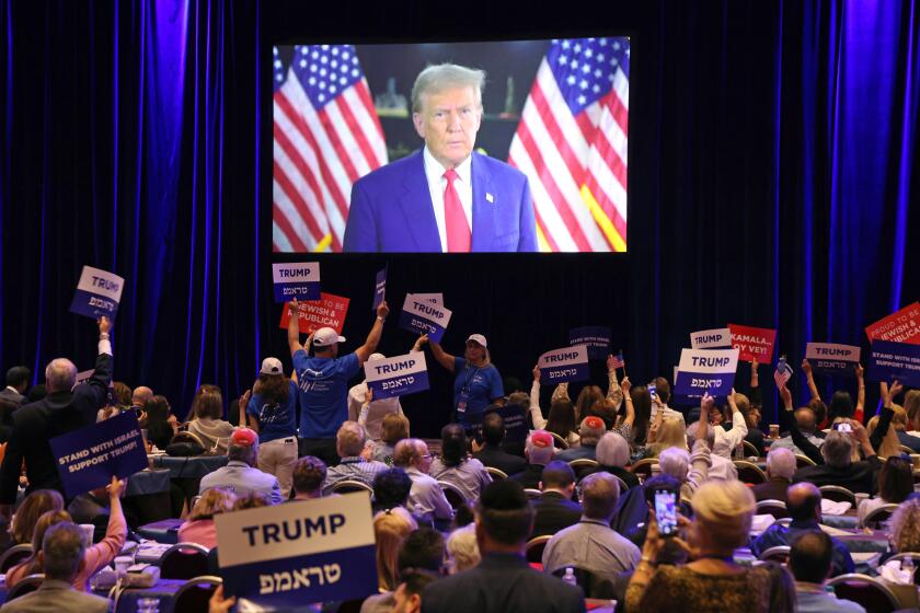 Former US President Donald Trump speaks virtually during the Republican Jewish Coalition (RJC) Annual Leadership Meeting in Las Vegas, Nevada, US, on Thursday, Sept. 5, 2024. Federal coffers run dry at the end of the month unless Congress passes a stopgap appropriations measure, but conservative lawmakers say they won't entertain a short-term funding bill without the inclusion of a plan to block noncitizens from the polls. Photographer: Ronda Churchill/Bloomberg via Getty Images