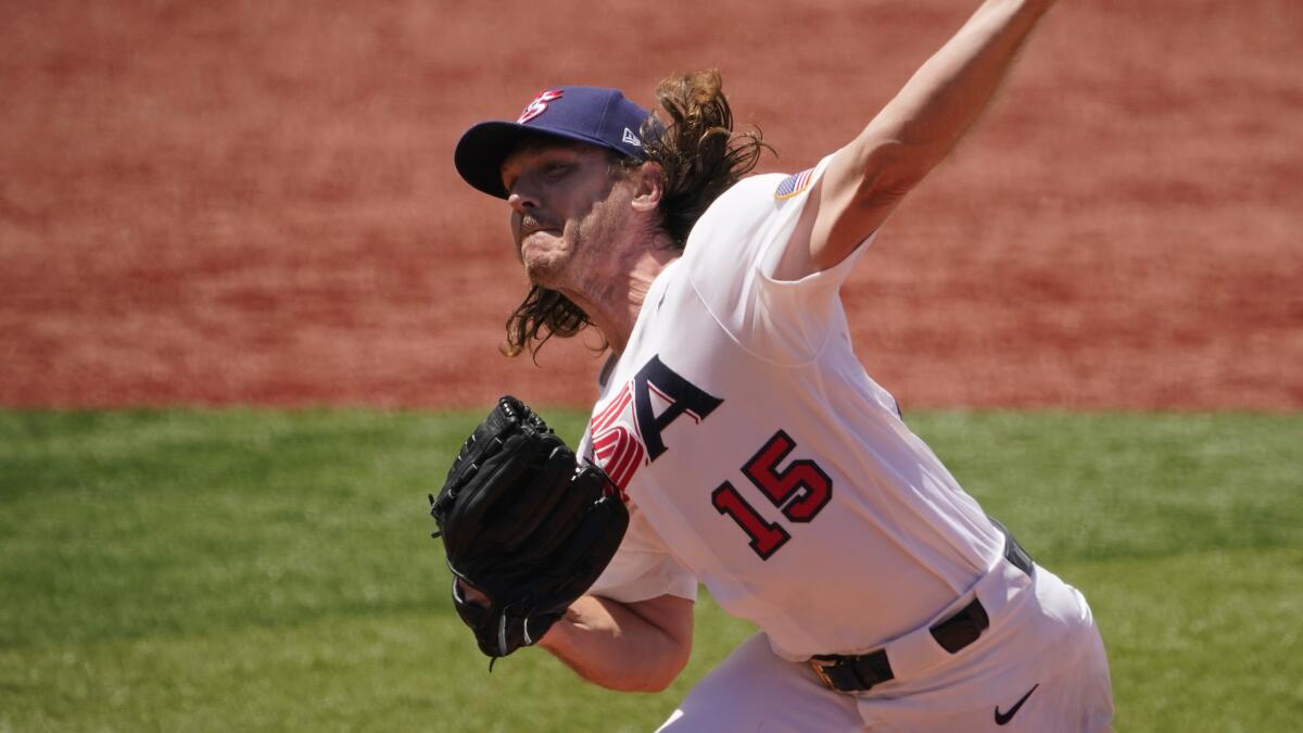 United States' Scott Kazmir pitches in the second inning of a baseball game at the Tokyo Olympics.