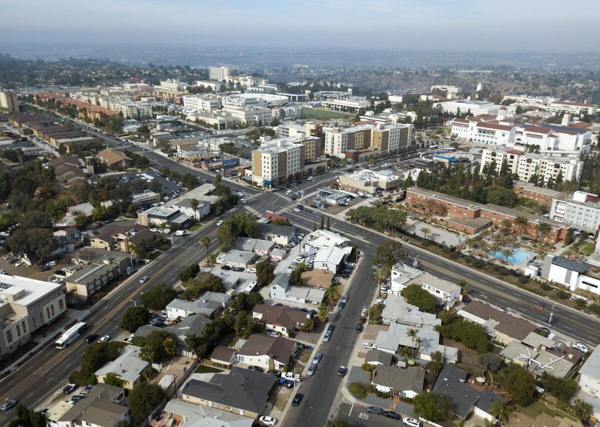 The intersection of College Ave and Montezuma Road looking towards San Diego State University on Nov. 13, 2019.