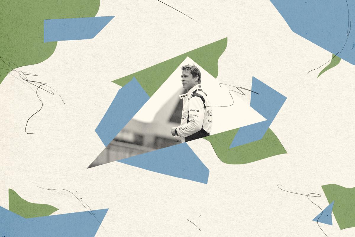 collage featuring Brad Pitt standing in a scene from 'F1'.